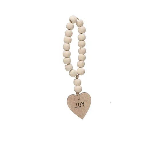 Beaded string with wooden heart charm engraved JOY for the Wood Bead Napkin Ring