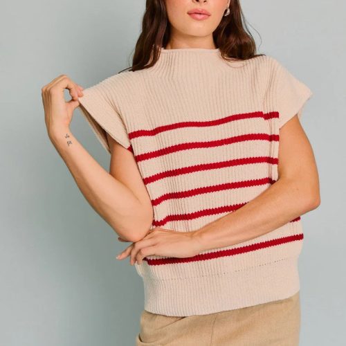 trendy bohemian beige knit sweater turtle neck power shoulder stripe 953