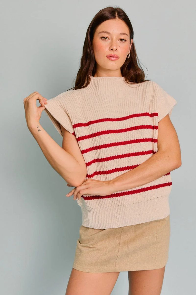 trendy bohemian beige knit sweater turtle neck power shoulder stripe 953