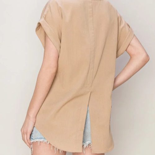 trendy bohemian beige short sleeved split woven v neck split back 188