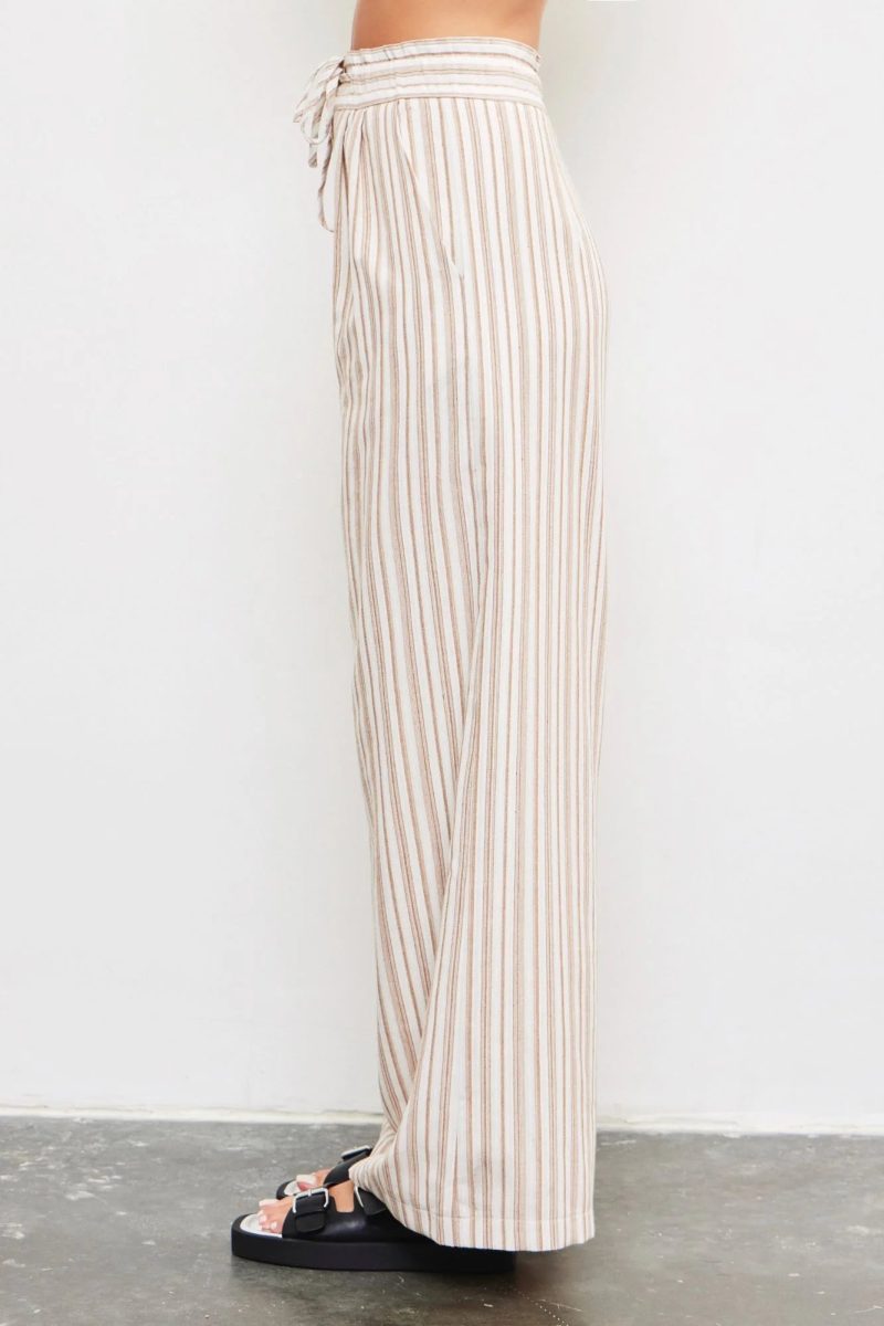 trendy bohemian beige striped wide leg tied waist band wide stripe 882