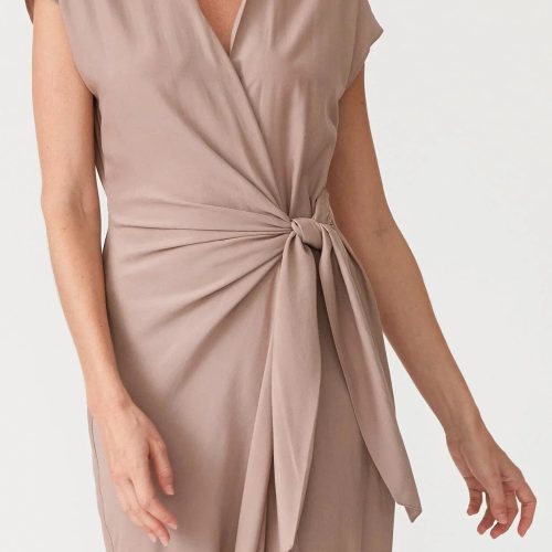 Beige midi wrap dress with side tie and cap sleeves, perfect for any occasion