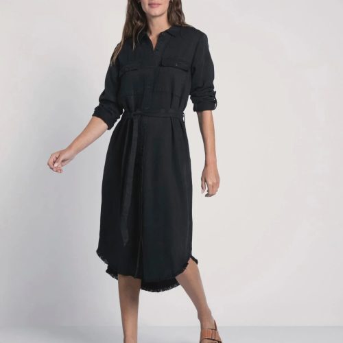 Black button-up denim midi dress featuring rolled sleeves and a curved hemline