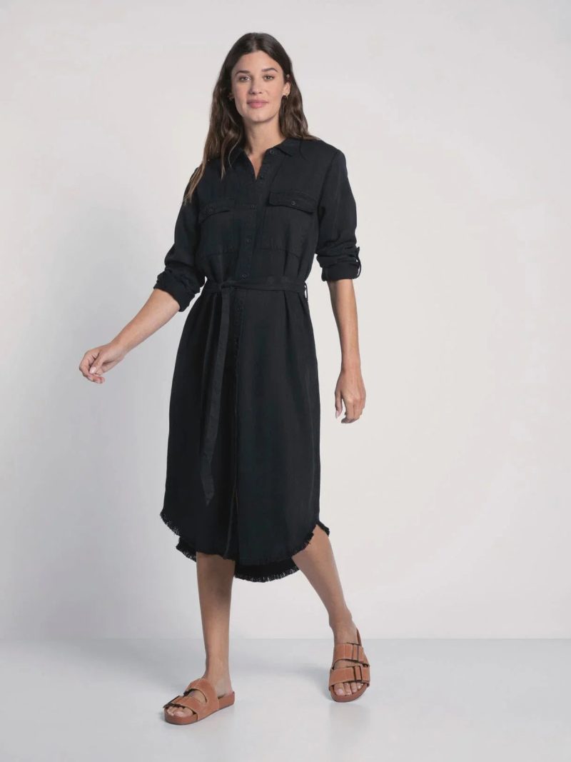 Black button-up denim midi dress featuring rolled sleeves and a curved hemline