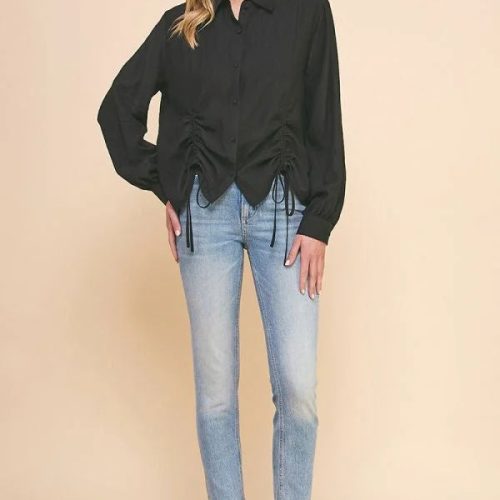 Black long-sleeved woven button blouse with princess seam and tie-front detail