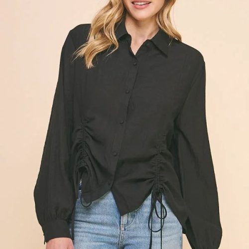 trendy bohemian black long sleeved blouse woven button up 598