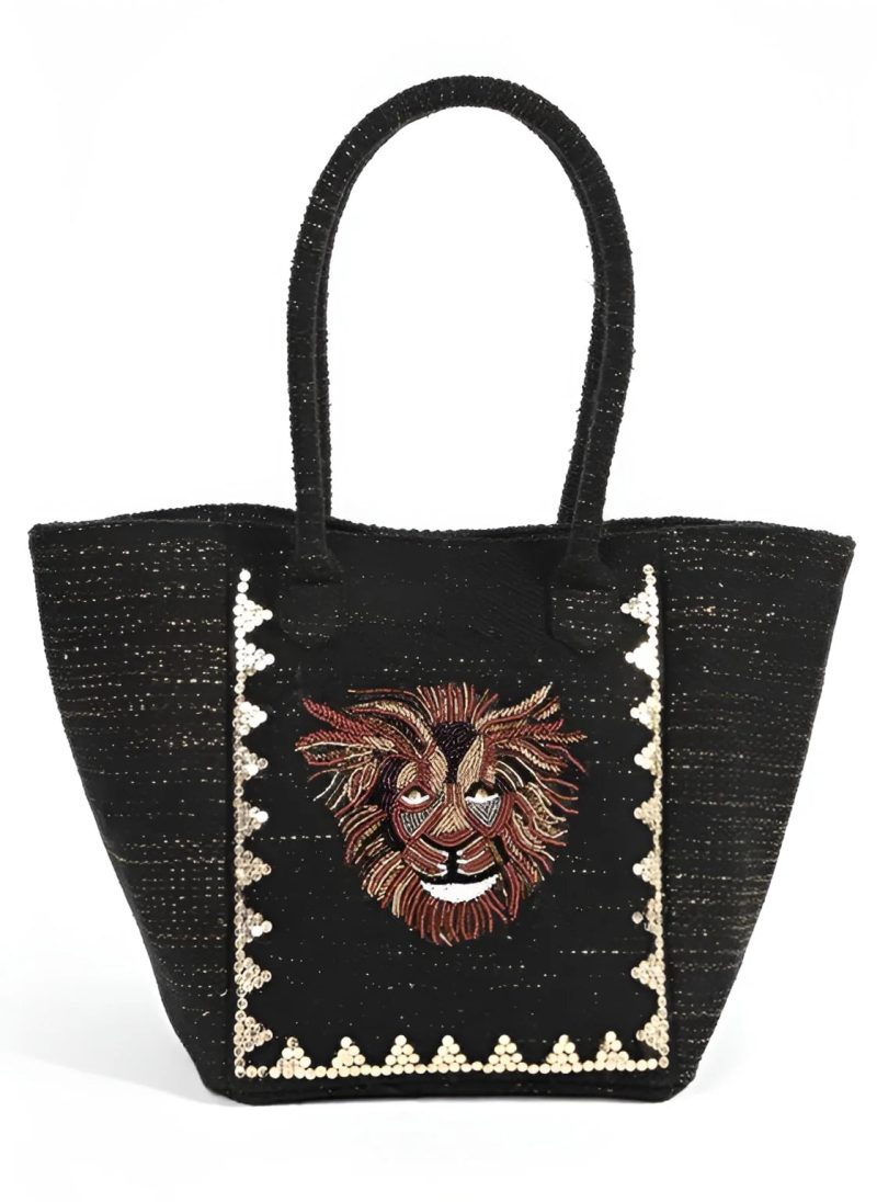 trendy bohemian black woven tote beaded lion tote bag daisy lane 928