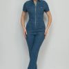 Blue denim jumpsuit with short sleeves and front zipper, stylish woven denim jumpsuit