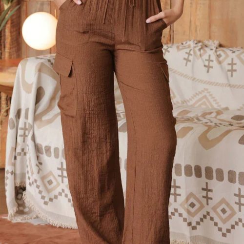 Loose-fitting brown wide leg drawstring cargo pants with pockets for comfort and style