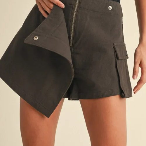 Cargo Envelope Skort featuring asymmetrical flap and zipper, ideal for women’s boho chic clothing