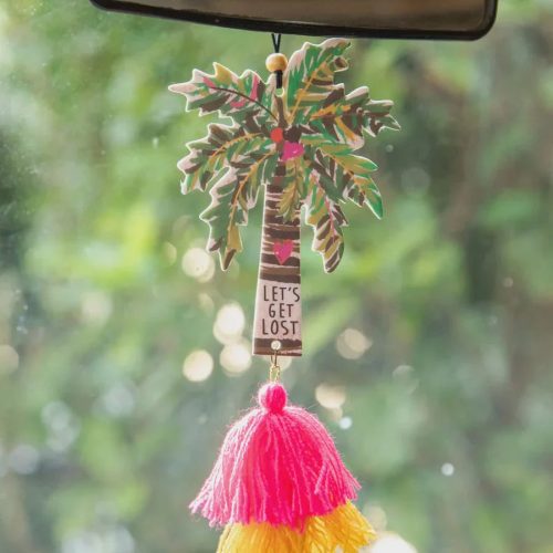 Colorful Palm Tree car air freshener with boho tassels for a flowy free spirit vibe