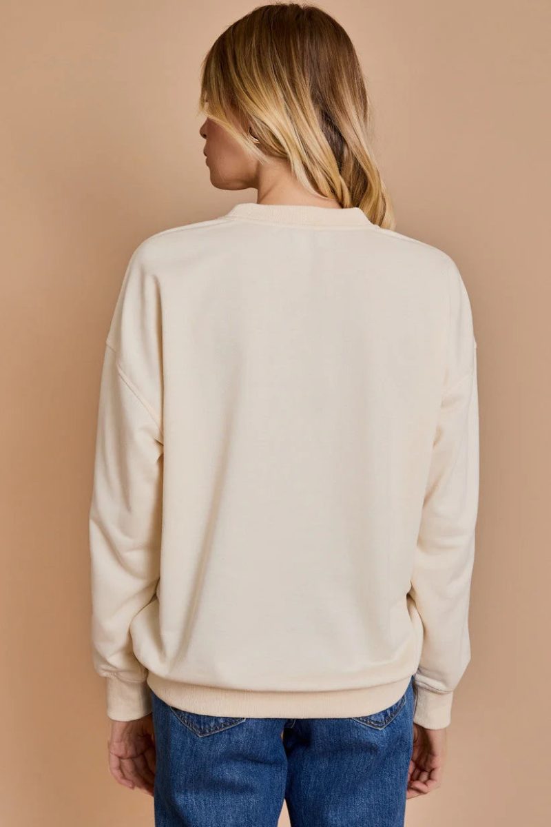 trendy bohemian cream colored knit sweater long sleeve round neck 668