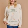 Cream-colored sweatshirt with Wine Tasting Club Lifetime Member text in womens boho clothes