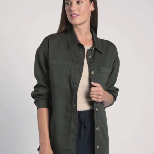 Dark green button-up overshirt worn by a woman with Denim Berkley Jacket style