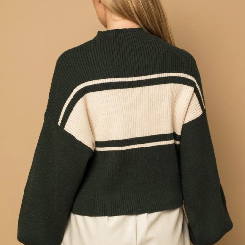 trendy bohemian dark green knit contrast stripe mock neck sweater 698