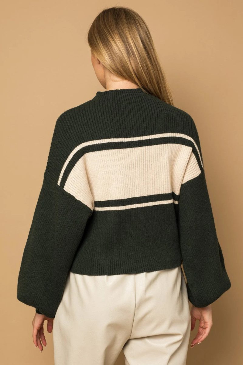 trendy bohemian dark green knit contrast stripe mock neck sweater 698