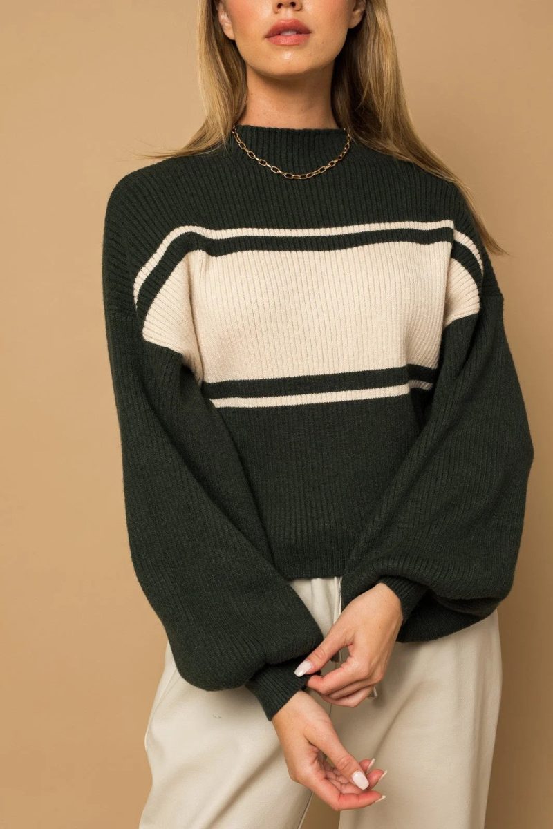 trendy bohemian dark green white contrast stripe mock neck sweater 754