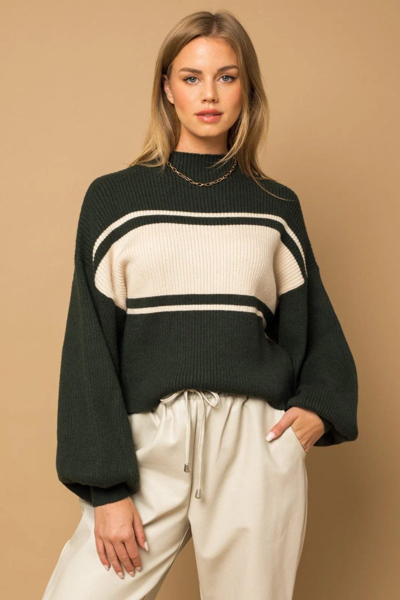 trendy bohemian dark green white contrast stripe mock neck sweater 858