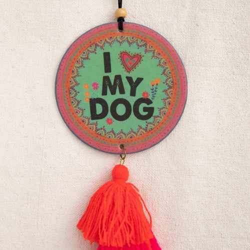 Boho decorative car air freshener with I ♥ MY DOG text and colorful tassels