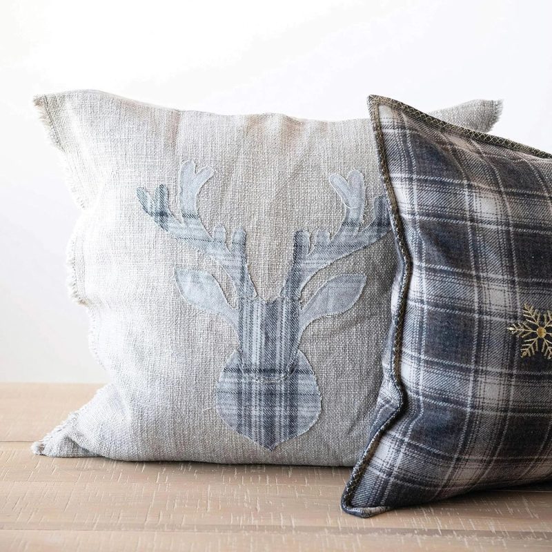 trendy bohemian decorative pillow deer square linen blend plaid 116