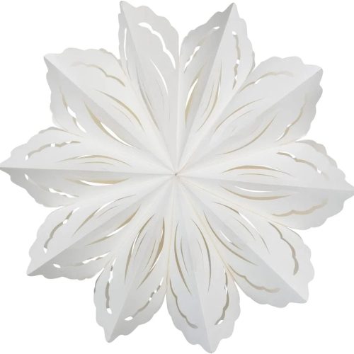 Delicate white paper snowflake ornament with intricate cut-out design for holiday decor