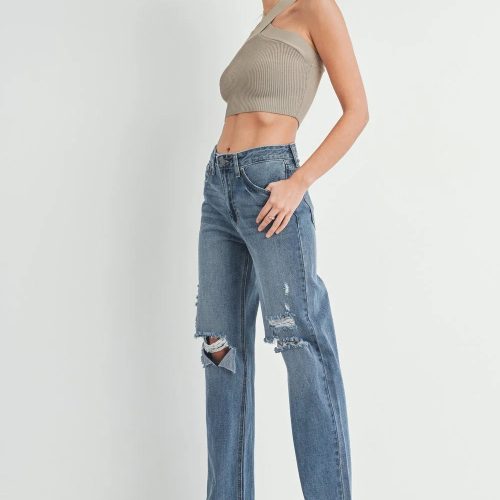 trendy bohemian distressed straight leg blue baggy skater denim 781