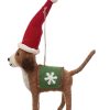 Wool felt dog ornament in holiday outfit with Santa hat and green snowflake blanket