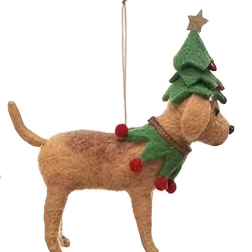 Wool felt dog ornament in holiday outfit featuring a Christmas tree hat and red collar