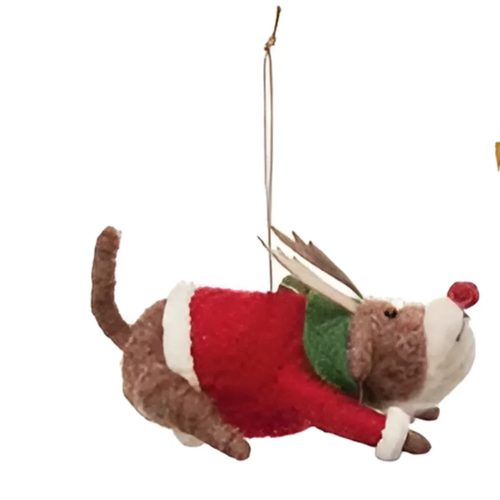 Wool felt dog ornament in holiday outfit with red and green accents for hanging