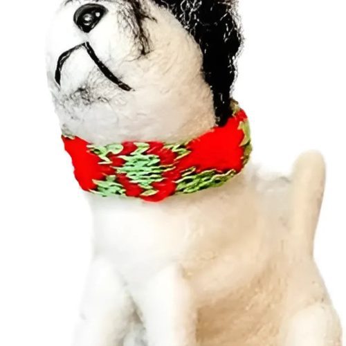 Festive wool felt dog ornament in holiday outfit with red antlers and scarf