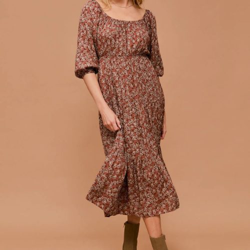 trendy bohemian floral print midi 3 4 sleeve back open dress daisy 729