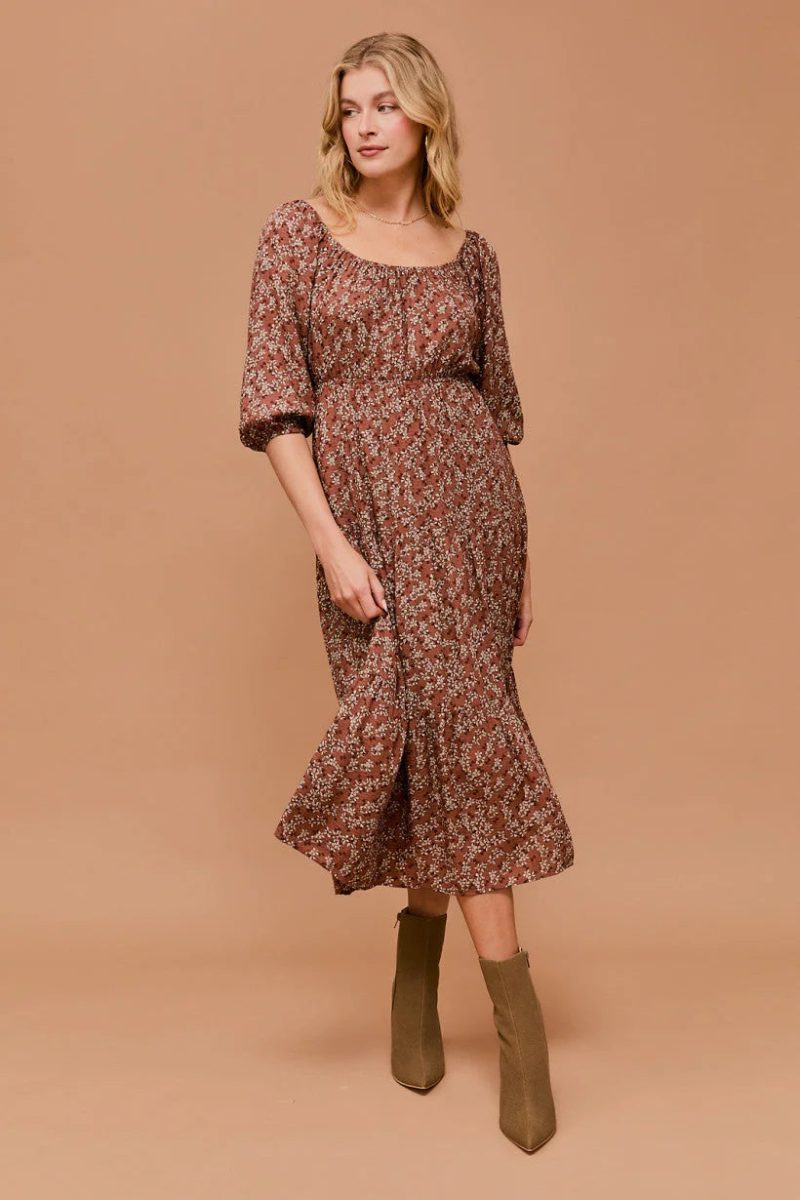 trendy bohemian floral print midi 3 4 sleeve back open dress daisy 729