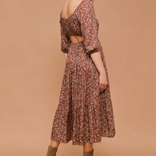 trendy bohemian floral print midi 3 4 sleeve back open dress daisy 860