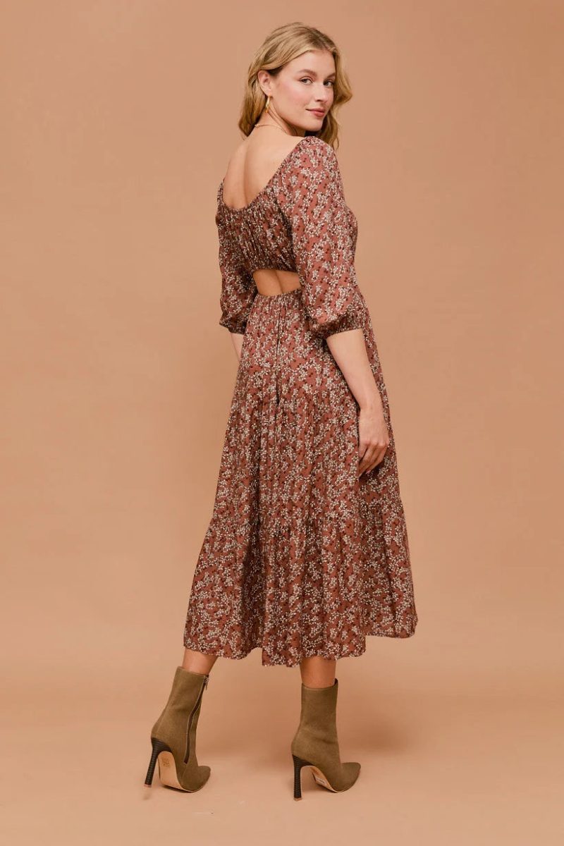 trendy bohemian floral print midi 3 4 sleeve back open dress daisy 860