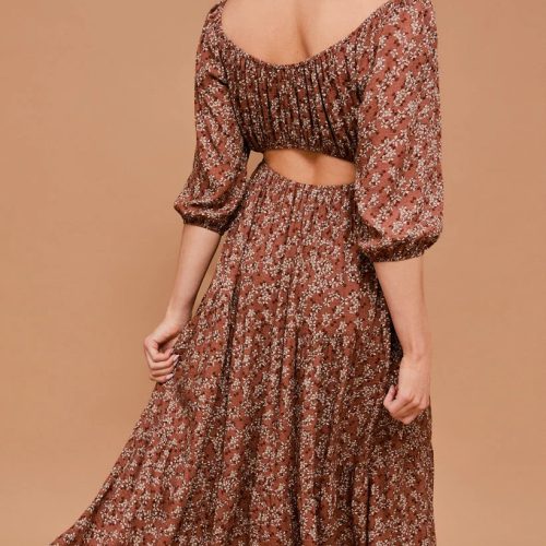 trendy bohemian floral print midi 3 4 sleeve back open dress daisy 994