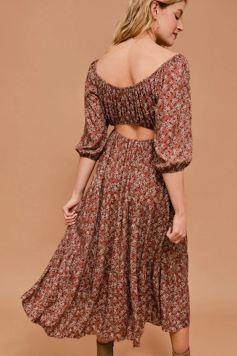 trendy bohemian floral print midi 3 4 sleeve back open dress daisy 994