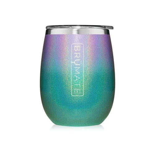 Green and purple glitter UNCORK’D WINE TUMBLER, an insulated XL wine tumbler option