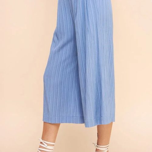 trendy bohemian light blue pleated bamboo textured cropped flowy 122