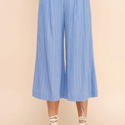 trendy bohemian light blue pleated bamboo textured cropped flowy 955