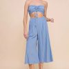 Light blue strapless crop top with bamboo textured cropped flowy pants set