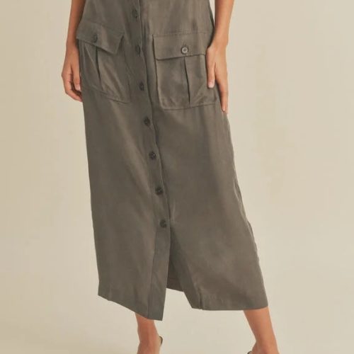 Long olive-green button-front midi cargo skirt with functional cargo pockets