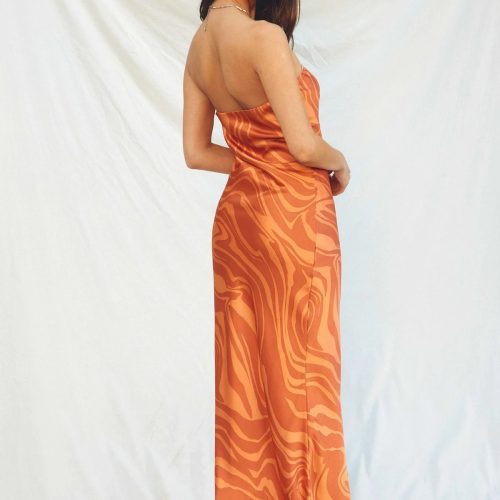 trendy bohemian long orange dress wilder days strapless bias cut 248