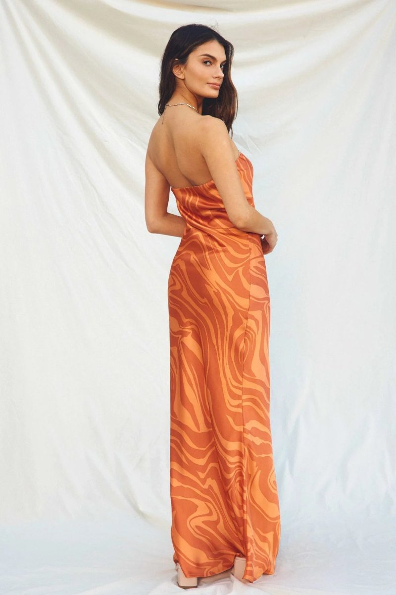 trendy bohemian long orange dress wilder days strapless bias cut 248