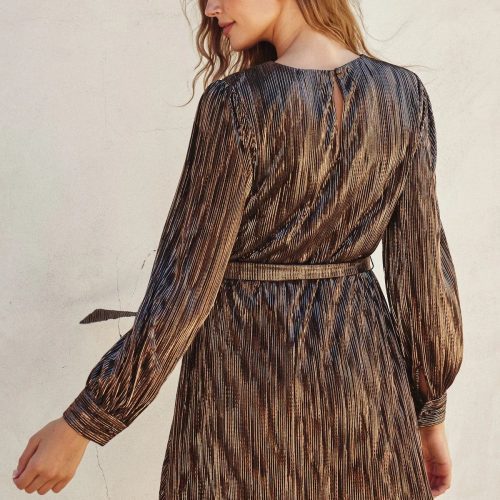 trendy bohemian metallic pleated dress trouble maker tie waist mini 587