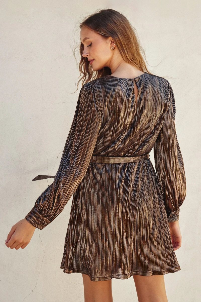 trendy bohemian metallic pleated dress trouble maker tie waist mini 587