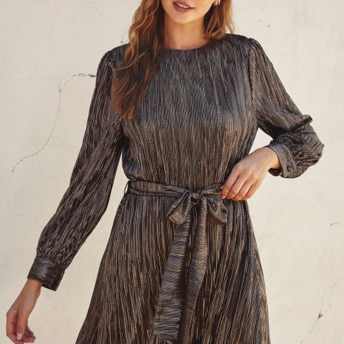 trendy bohemian metallic pleated mini trouble maker tie waist dress 231