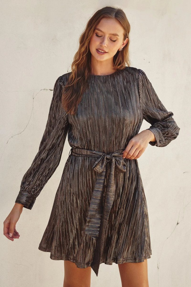 trendy bohemian metallic pleated mini trouble maker tie waist dress 231