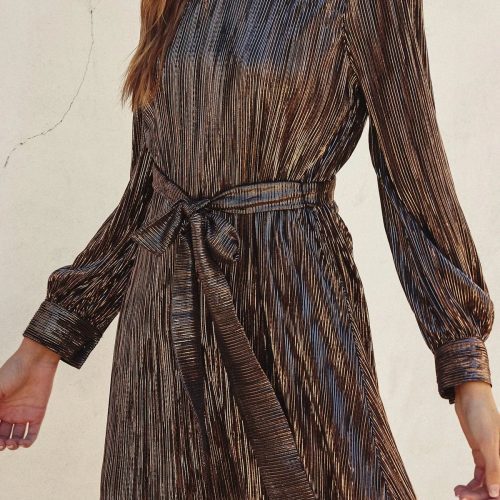 trendy bohemian metallic pleated mini trouble maker tie waist dress 745