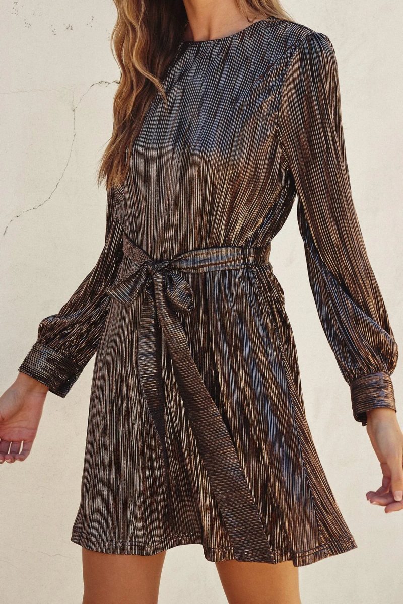 trendy bohemian metallic pleated mini trouble maker tie waist dress 745