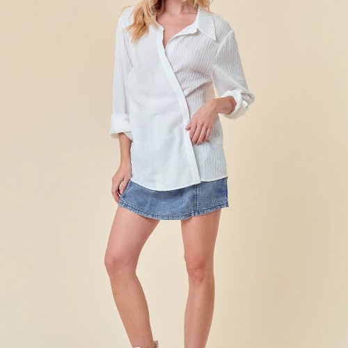 trendy bohemian model white shirt textured point collar wrap top 426